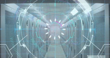 Image of scope scanning and biometric fingerprint over computer servers in background. Digital interface global connection and communication concept digitally generated image.
