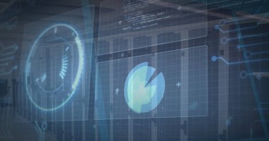 Image of digital data processing on screens over computer servers. global online computing, data processing and digital interface concept digitally generated image.