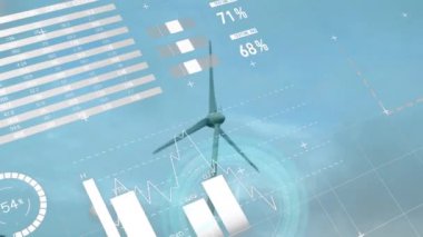 Rüzgar türbini üzerinde veri işleme animasyonu. küresel iş, ekoloji ve dijital arayüz kavramı dijital olarak oluşturulmuş video.