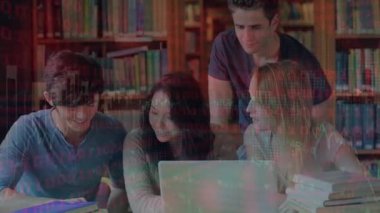Animation of data processing over diverse male and female students studying together in library. Global communication, education, research and digital interface concept digitally generated video.