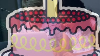 Animation of birthday cake icon and network of connections over diverse children using laptop. Global technology and digital interface concept digitally generated video.
