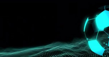 Animation of digital football over blue spots on black background. Global sport, technology and digital interface concept digitally generated video.