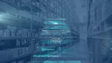 Animation of data processing over warehouse. Global social media, shipping, retail and digital interface concept digitally generated video.