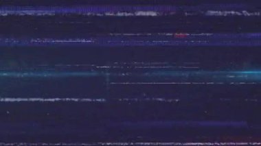Animation of vhs glitch effect over green light spot moving against blue background. Computer interface and business technology concept