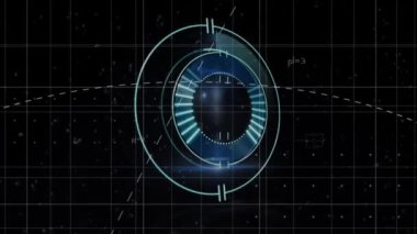 Animation of scope scanning and mathematical equations on black background. Global business and digital interface concept digitally generated video.