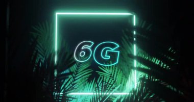 Animation of 6g text over neon shape and leaves on black background. Social media and digital interface concept digitally generated video.