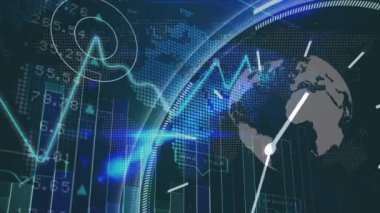 Animation of moving clock and globe over data processing on black background. Global technology, computing and digital interface concept digitally generated video.