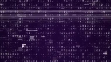Animation of vhs glitch effect and light spot moving against binary coding against black background. Computer interface and business technology concept