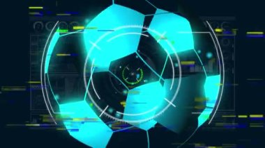 Animation of scope scanning with digital football over data processing on black background. Global sport, technology and digital interface concept digitally generated video.