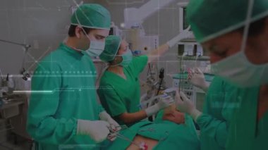 Animation of data processing over diverse surgeons in operating theatre. Global medicine, computing, connections, networks and data processing concept digitally generated video.