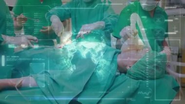 Ameliyat sırasında Kafkas cerrahları üzerinde veri işleme animasyonu. Küresel tıp ve dijital arayüz kavramı dijital olarak oluşturulmuş video.