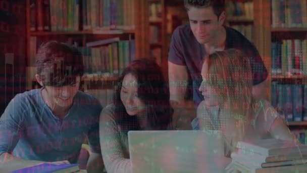 Animation Data Processing Diverse Male Female Students Studying Together Library — Stock video