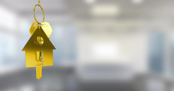 Animation Golden House Keys Hanging Blurred Background Copy Space Relocation — Vídeo de Stock