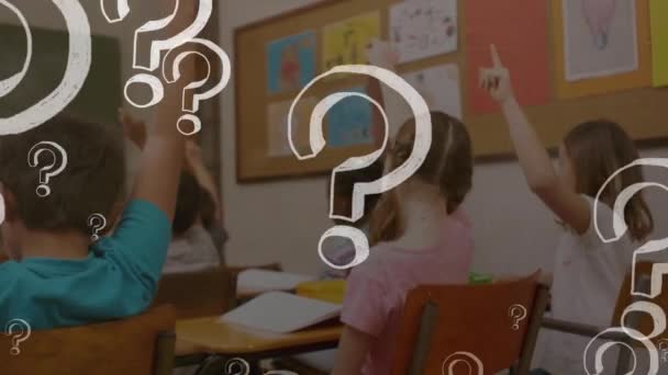 Animation Question Marks Diverse Schoolchildren Raising Hands Global Education Digital — Vídeo de Stock