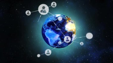 Animation of profile icons connecting with lines over globe with grid patterns in galaxy. Hologram, digitally generated, multiple exposure, telecommunications, globalization, futuristic, technology.