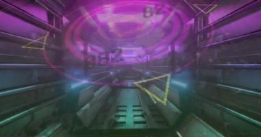 Amination of digital shapes and numbers changing in illuminated tunnel. Digital composite, technology, connection, futuristic, three dimensional.