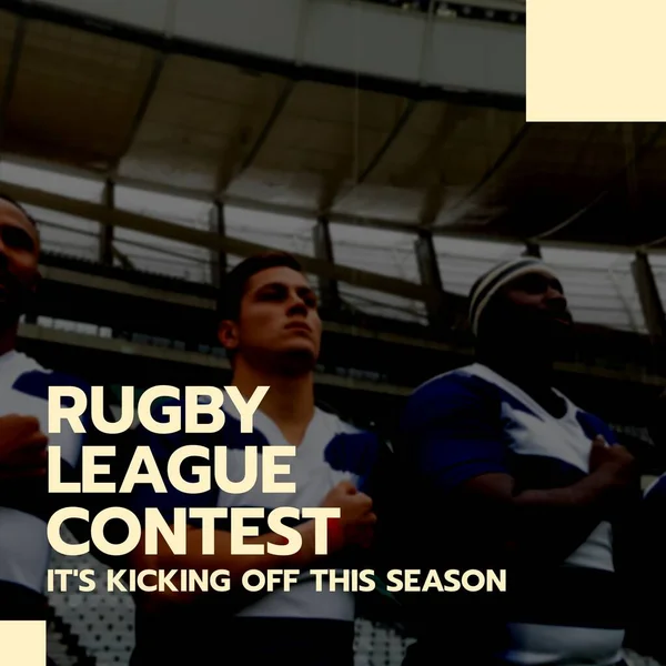 Composition of rugby league contest text over diverse male rugby players at stadium. Rugby league contest and celebration concept digitally generated image.