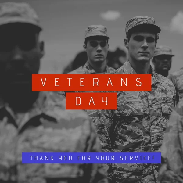 Composition of veterans day text over diverse male soldiers. Veterans day and celebration concept digitally generated image.