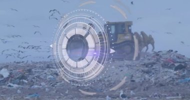 Animation of scanning interface screen over birds flying around bulldozer and garbage at landfill. Digital composite, multiple exposure, infographic, recycling, pollution, waste management.