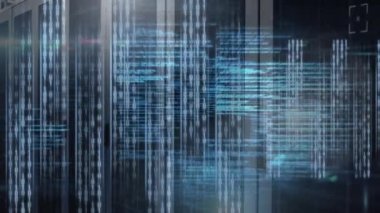 Animation of data processing over empty computer server room. Computer interface and business data storage technology concept