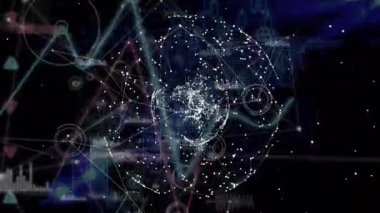 Animation of statistical data processing over globe of network of connections on black background. Global networking and business technology concept