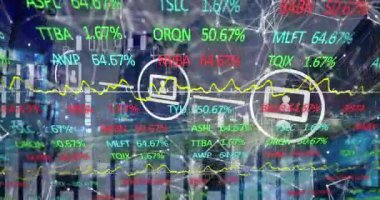 Animation of network of connections with icons and stock market over cityscape. Global business, finances and digital interface concept digitally generated video.