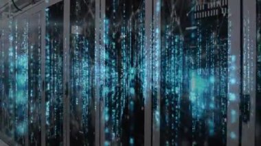 Animation of data processing and network of connections over computer server room. Computer interface and business data storage technology concept