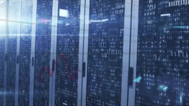 Animation of financial data processing over against mosaic squares over computer server room. Global finance and business data storage technology concept