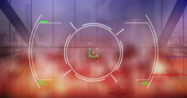 Animation of scope scanning and data processing over people walking. Global communication network and digital interface background concept digitally generated video.
