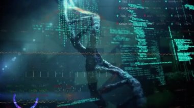 Animation of data processing and arrows over dna strand on black background. Global science, computing and digital interface concept digitally generated video.