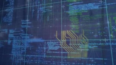 Animation of data processing with connecting dots, hud elements on digital interface. Digital composite, artificial intelligence, communication, cloud computing, technology, finance, economy, coding.