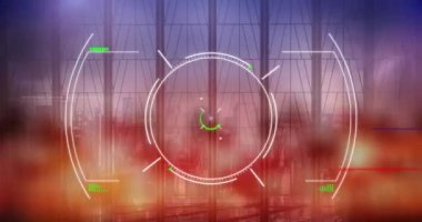 Animation of interference and scope scanning over diverse business people walking. Global buiness, technology and digital interface concept digitally generated video.