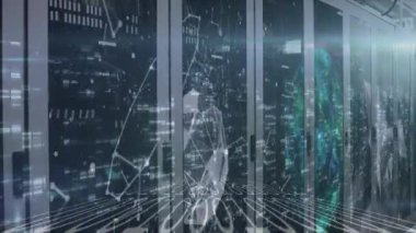 Animation of binary coding and network of connections over computer server room. Computer interface and business data storage technology concept