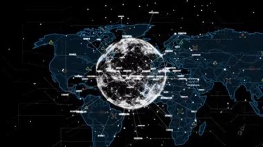 Animation of globe of network of connections spinning and data processing over world map. Global networking and business data technology concept