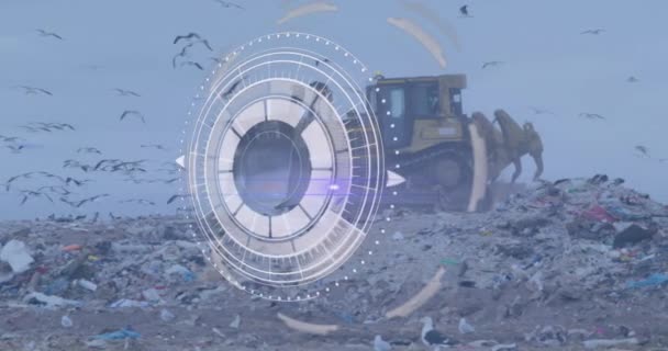 Animation Scanning Interface Screen Birds Flying Bulldozer Garbage Landfill Digital — Vídeos de Stock