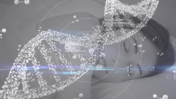 Animation Caucasian Woman Sleeping Floating Nucleotides Dna Helix Molecules Digital — Vídeo de Stock