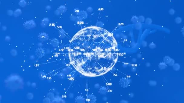 Animation Spinning Globe Covid Cells Dna Structure Blue Background Medical — Stok video