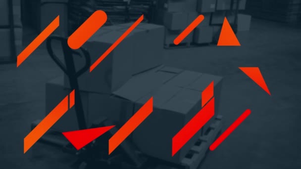 Animation Orange Geometric Shapes Cardboard Boxes Pallet Jack Distribution Warehouse — Vídeo de Stock