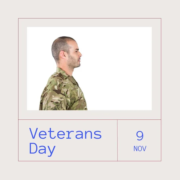 Composition of veterans day text over caucasian male soldier. Veterans day and celebration concept digitally generated image.