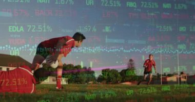 Animation of trading board moving over multiracial players practicing soccer in playground. Digital composite, multiple exposure, investment, finance, data, competition, sport, teamwork concept