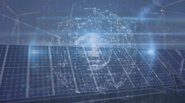 Animation of data processing, profile network connecting dots against solar power station. Digital composite, technology, power generation, sustainable energy, connect the dots, networking.