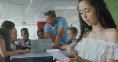 Animation of caucasian girl, teacher with multiracial students using technology over grid pattern. Digital composite, multiple exposure, education, childhood, e-learning and technology concept.