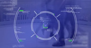 Animation of scope scanning and data processing over diverse people walking on street. Global buiness, technology and digital interface concept digitally generated video.
