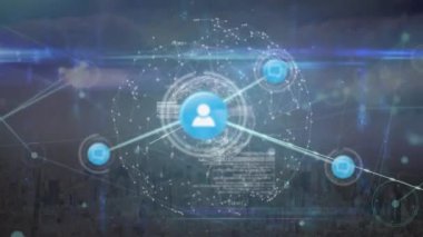 Animation of network of connections with icons over globe. Global connections network and digital interface concept digitally generated video.