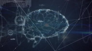 Animation of network of connections with digital brain over data processing and dna strand. Global technology, computing and digital interface concept digitally generated video.