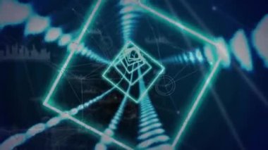 Animation of square tunnel in seamless pattern against network of connections and data processing. Computer interface and business technology concept