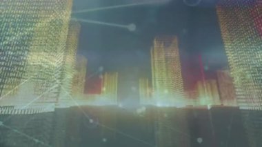 Animation of dots connected with lines moving amidst illuminated skyscrapers in city. Hologram, digitally generated, multiple exposure, telecommunication, building, futuristic and technology.