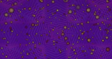 Animation of yellow spots of light over kaleidoscopic patterns against purple background. Global networking and business technology concept