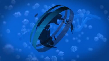 Animation of spinning globe over covid-19 cells and dna structure against blue background. Medical research and globe networking business technology concept