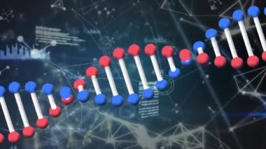 Animation of dna strand spinning and data processing on purple background. Global social media connections and digital interface concept digitally generated video.